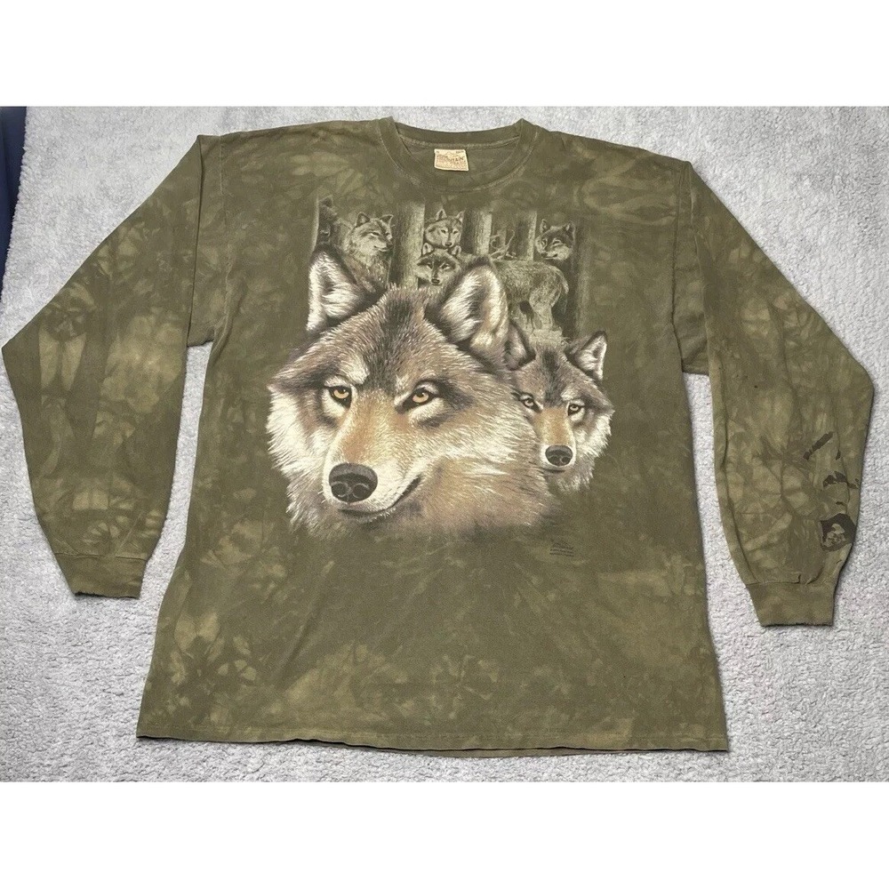 VTG‎ Y2K The Mountain Tye Dye Wolves Print Long Sleeve Nature Animals Shirt 3XL